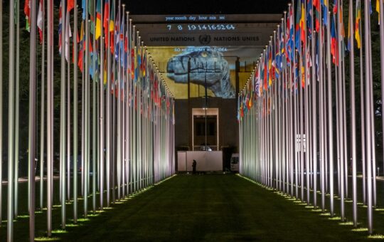 allée bordée de drapeaux sur mâts avec image dinosaure sur façade