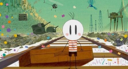 dessin d'un petit personnage sur voie de chemin de fer