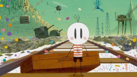 dessin d'un petit personnage sur voie de chemin de fer