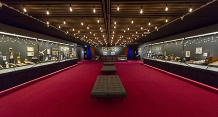 salle exposition avec moquette rouge spot aux plafond et vitrine de chaque côté