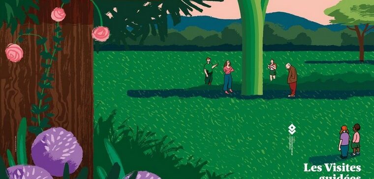 dessin personnages dans pelouse sous arbre et fleurs violettes et rouge
