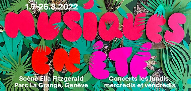 affiche musiques en été rose sur fond feuillage