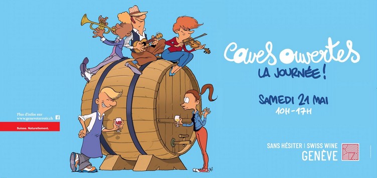 illustration caves ouvertes geneve personnagaes sur tonneau vin sur fond bleu