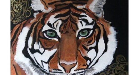 peinture tête de tigre aux yeux verts