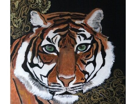 peinture tête de tigre aux yeux verts