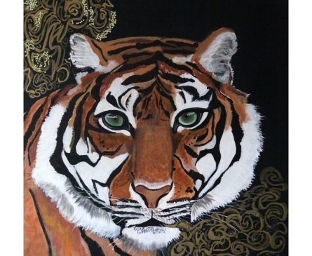 peinture tête de tigre aux yeux verts
