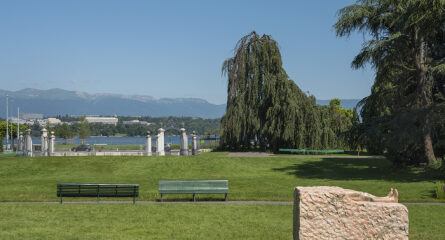 parc en herbe avec rocher sculpture et lac en fond