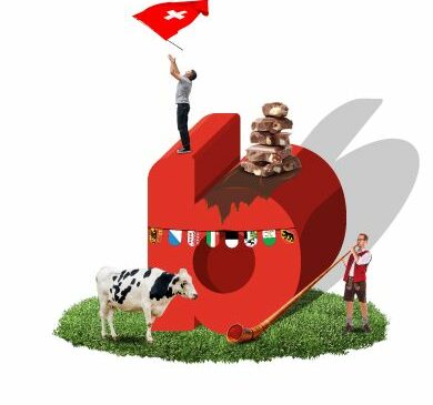 dessin avec b rouge avec un bonhomme dessus qui agite drapeau susse et une vache devant