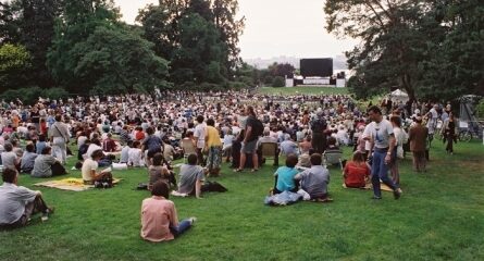 foule assise dans l'herbe devant écran géant