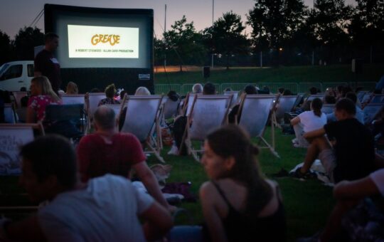 peronnes dans des transats et assis dans l'herbe devant écran cinéma en plein air